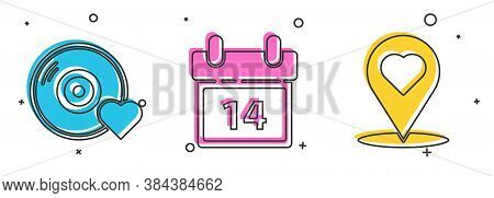 Set Romantic Music, Calendar With February 14 And Map Pointer With Heart Icon. Vector