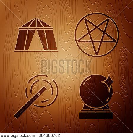 Set Magic Ball, Circus Tent, Magic Wand And Pentagram In A Circle On Wooden Background. Vector