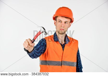Guy Knoking Shiny Metal Hammer Master Repair Wear Helmet Uniform, Professional Tools Concept