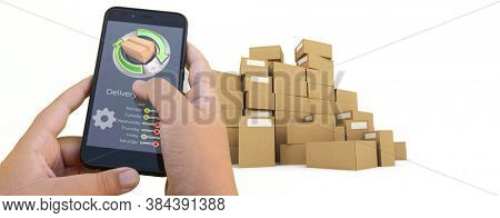 3D rendering of a smartphone delivery tracking app packages on the background