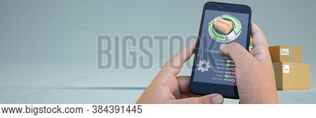 3D rendering of a smartphone delivery tracking app packages on the background