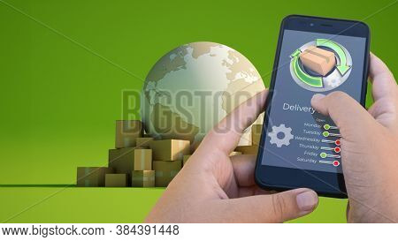 3D rendering of a smartphone delivery tracking app packages on the background