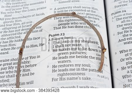 Fuji City, Shizuoka-ken, Japan - May 9, 2020: Holy Bible Opened In Psalm 23 With A Small Staff On To