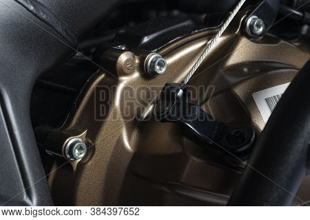 Clutch System On Cable Motorcycle Engines Close Up, Clen Engine, New Motorcycle