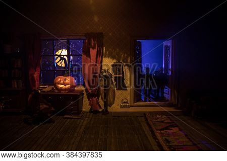 A Realistic Dollhouse Living Room With Furniture And Window At Night. Artwork Table Decoration With