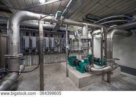 Boiler Room Equipment For Heating System. Single-stage, Low-pressure Centrifugal Pump. Metal Pipes.