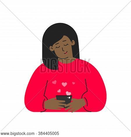 Vector Isolated Flat Concept. Cartoon African American Woman Writes Message On Phone Using Mobile Ap