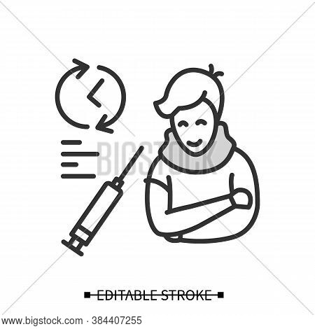 Covid Vaccination Icon. Person Waiting Vaccine Test Time Linear Pictogram. Concept Of Drug Trial, Va