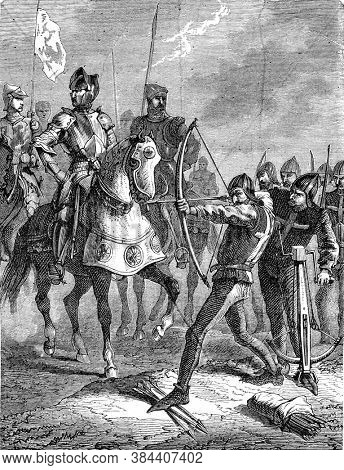 Charles VII's cavalry and infantry, Vintage engraving. From Popular France, 1869.