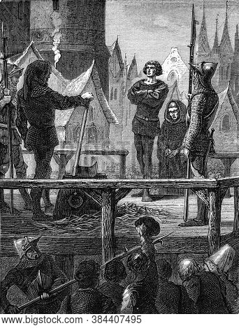 Alain Blanchard going up to the scaffolding, Vintage engraving. From Popular France, 1869.