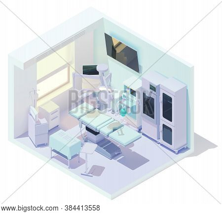 Vector Isometric Low Poly Hospital Operating Room Or Operating Theater. Clinic Surgery Room. Include