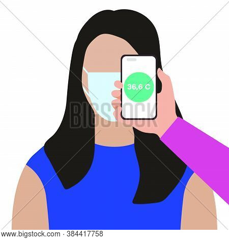Vector Illustration Phone Placed On Forehead Of Person Remotely Measures Temperature. New Technology