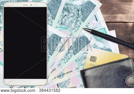 100 Czech Korun Bills And Smartphone With Purse And Credit Card. E-payments Or E-commerce Concept. O