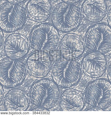 Seamless French Farmhouse Linen Geometric Block Print Background. Provence Blue Gray Rustic Pattern 