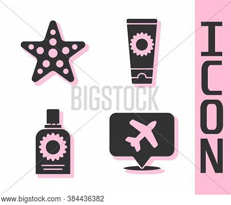 Set Speech Bubble With Airplane, Starfish, Sunscreen Spray Bottle And Sunscreen Cream In Tube Icon. 