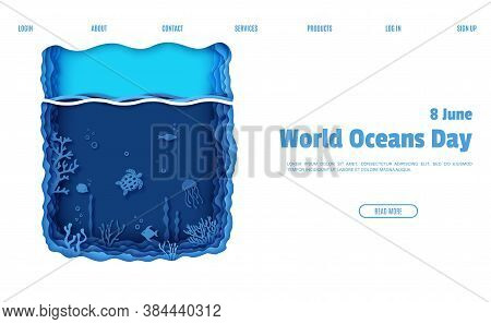 Web Page Design Template In Paper Cut Style Underwater Ocean Underwater View. Aquarium With Wild Lif
