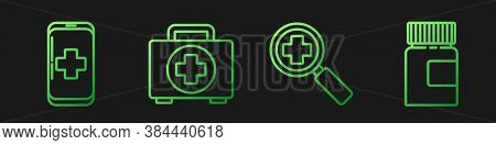 Set Line Magnifying Glass For Search Medical, Emergency Mobile Phone Call To Hospital, First Aid Kit