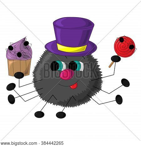 Cute Spider And Sweets In Cartoon Style