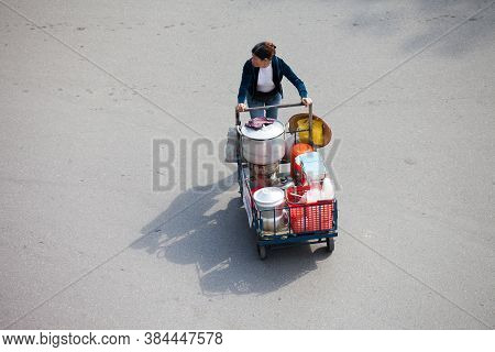 Hanoi, vietnam : Street vendors in Hanoi's Old Quarter on Aug 30 2019, He's sell souvernir made from