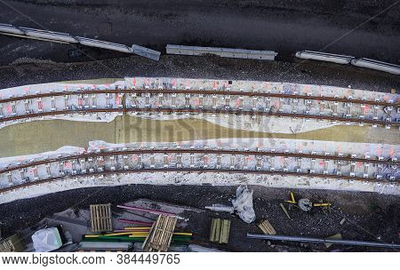 Aerial View Of The Tram Tracks Is Under Construction In Espoo, Finland.