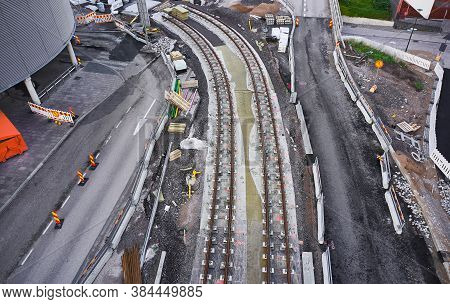 Aerial View Of The Tram Tracks Is Under Construction In Espoo, Finland.