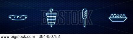 Set Line Fried Sausage, Hotdog Sandwich, Grilled Shish Kebab And Nachos In Plate. Glowing Neon Icon 