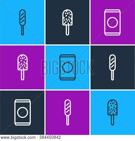 Set Line Corn Dog, Soda Can With Straw And Ice Cream Icon. Vector