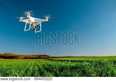 drone quad copter on green corn field