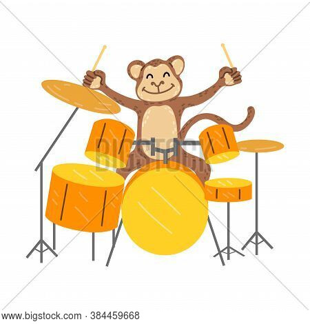 Positive Brown Monkey Sitting At Drum Kit And Playing Percussion Instruments