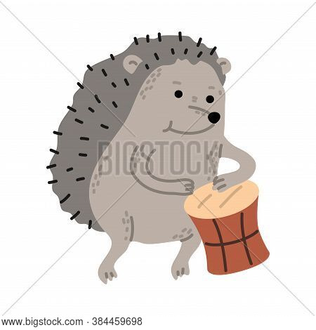 Positive Grey Hedgehod Playing Drums Outdoors Vector Illustration