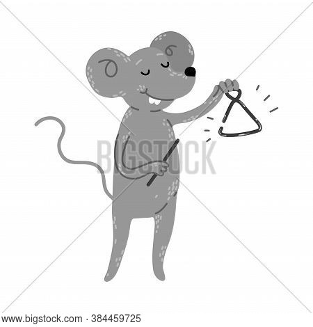 Positive Grey Mouse Standing And Playing Folk Triangle Vector Illustration