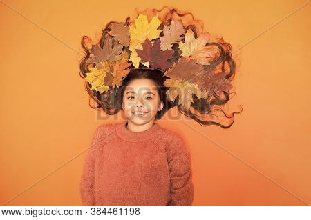 Fall Season. Shampoo Concept. Haircare Tips Add To Fall Routine. Little Girl Gorgeous Long Hair And 