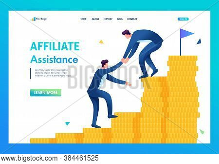 An Entrepreneur Helps A Friend Climb The Ladder To Wealth. Flat 2d. Vector Illustration Landing Page