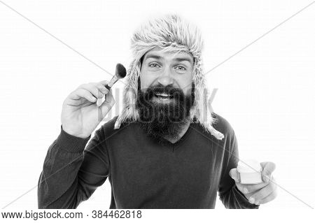 Freak Visagiste. Applying Makeup Face Tone. Powder Cosmetics. Man Bearded Fashion Stylist Wear Hat H