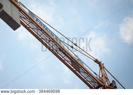 Belgrade, Serbia - January 11, 2020: Potain Logo On One Of Their Tower Cranes In A Construction Sign