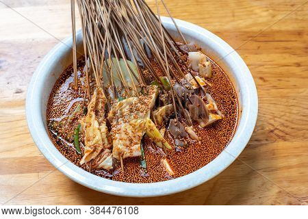 Boboji Sichuan Dish - Cold Skewer Snack Featuring Chicken Close-up View, Chengdu, Sichuan Province, 