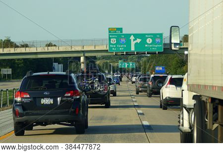 New Castle, Delaware, U.s.a - September 7, 2020 - Traffic On The Road Near Interstate 95, Route 13, 