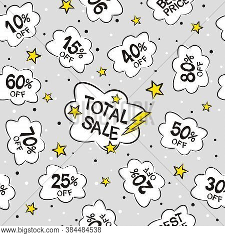Seamless Pattern With Cloud Stickers For Sale In Pop Art Style. Cartoon Coupons With Percentage Disc