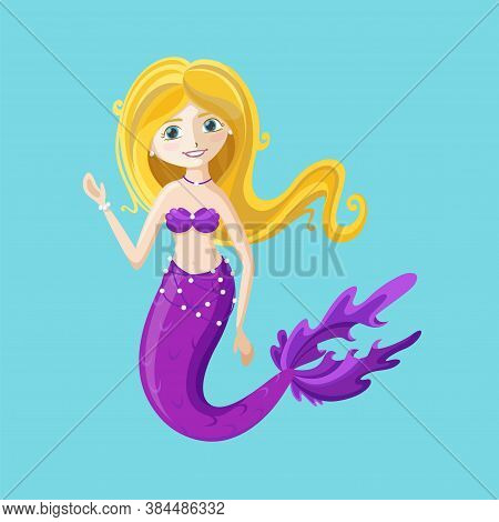 Beautiful Fairy Mermaid With Purple Tail For Kids Patterns And Books. Mermaid Waving Hi. Colorful Ve