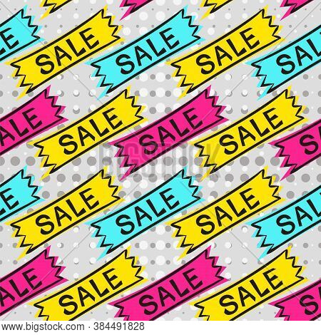 Seamless Pattern With Bright Stickers For Sale In Pop Art Style. Cartoon Coupons With Discounts. Vec
