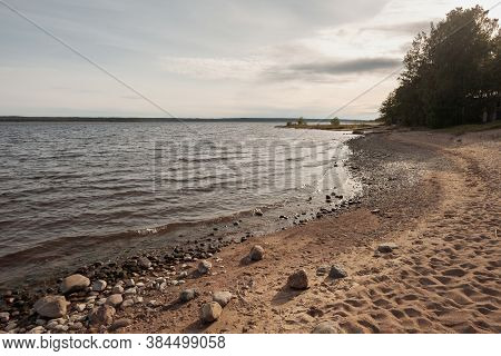 Huge Stones On The River Bank. Vuoksa River Near Imatra In The Leningrad Region, Russia. Coastline W