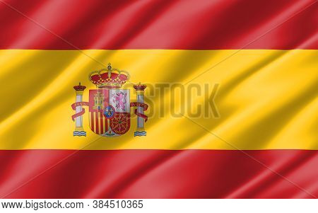 Silk Wavy Flag Of Spain Graphic. Wavy Spanish Flag Illustration. Rippled Spain Country Flag Is A Sym