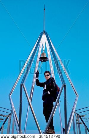 Sapporo, Hokkaido, Japan - December 2019 : A Man At Top Of Mt. Moiwa In Sapporo City With Night City