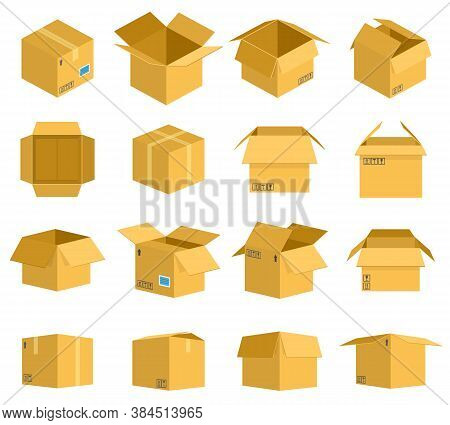 Cardboard Box. Carton Delivery Packaging Boxes, Open And Closed Cardboard Storage, Mail Postal Parce