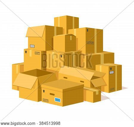 Cardboard Boxes Pile. Storage Delivery Cardboard Boxes Stack, Pile Of Postal Parcel Package, Carton 