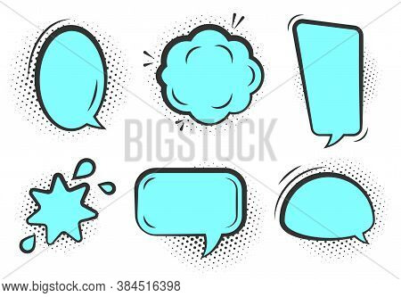 Comic Speech Bubble Set. Cartoon Empty Text Clouds With Halftone Dot Shadow. Different Shapes Blank 