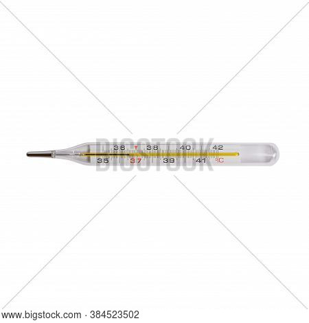 Mercury Thermometer With Temperature 36.6 Degrees Centigrade Isolated On White