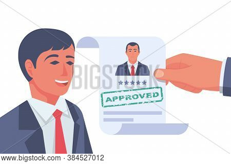 Approved Stamp In The Hands Of A Headhunter. Approved Employment Document. Happy Businessman Rejoice