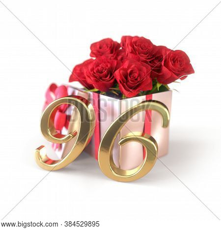 Birthday Concept With Red Roses In Gift Isolated On White Background. Ninety-sixth. 96th. 3d Render