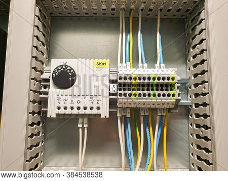 Temperature Relay In An Industrial Electrical Cabinet With Other Electrical Components. Electrical D